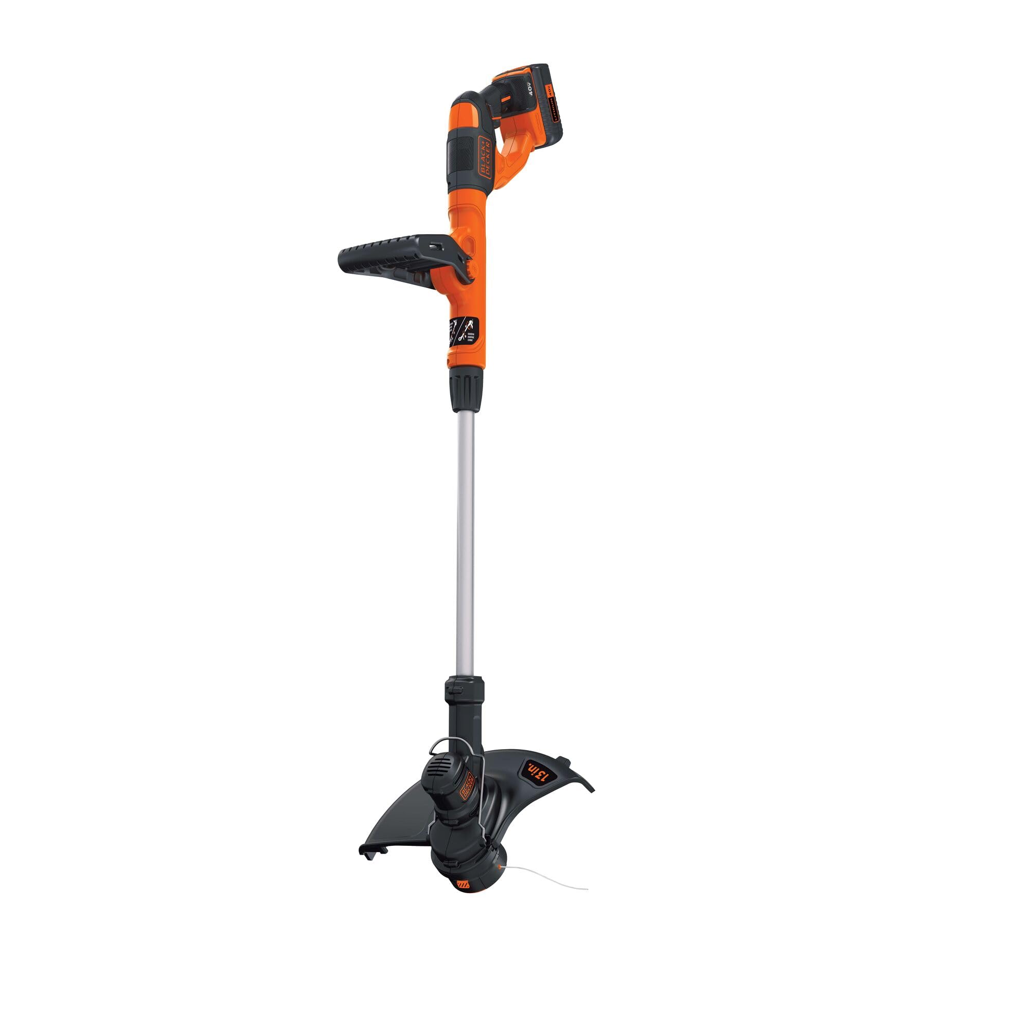 BLACK+DECKER before and after lawn showing removal of heavy overgrowth and neater turf