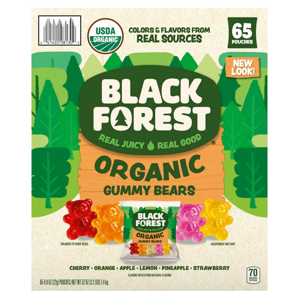 Black Forest frente del paquete mostrando 65 bolsitas y sello orgánico