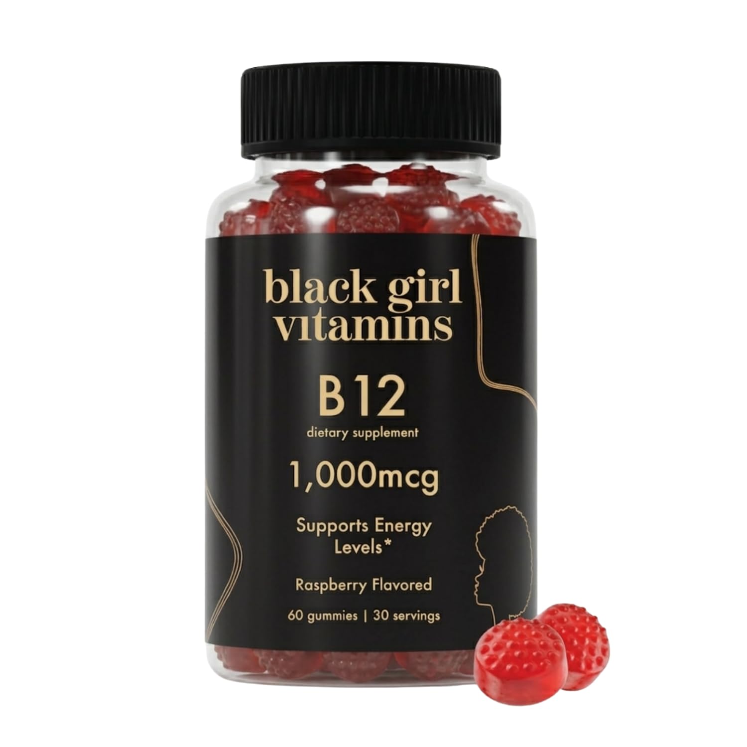 Black Girl Vitamins frasco frontal mostrando 60 gomitas y beneficios