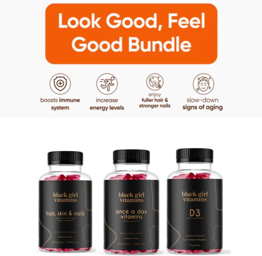 Black Girl Vitamins etiqueta con ingredientes destacados y beneficios transparentes