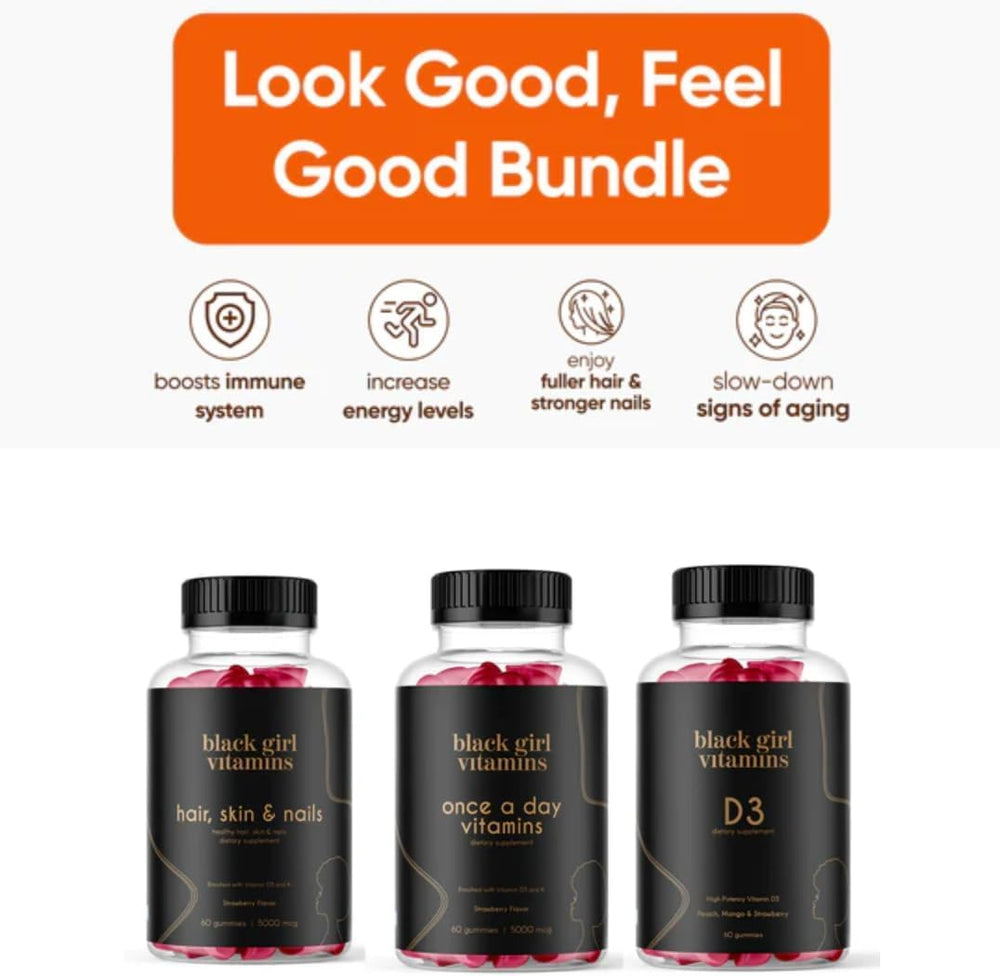 Black Girl Vitamins etiqueta con ingredientes destacados y beneficios transparentes