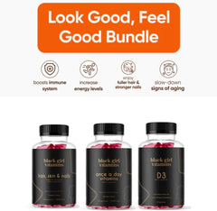 Black Girl Vitamins etiqueta con ingredientes destacados y beneficios transparentes