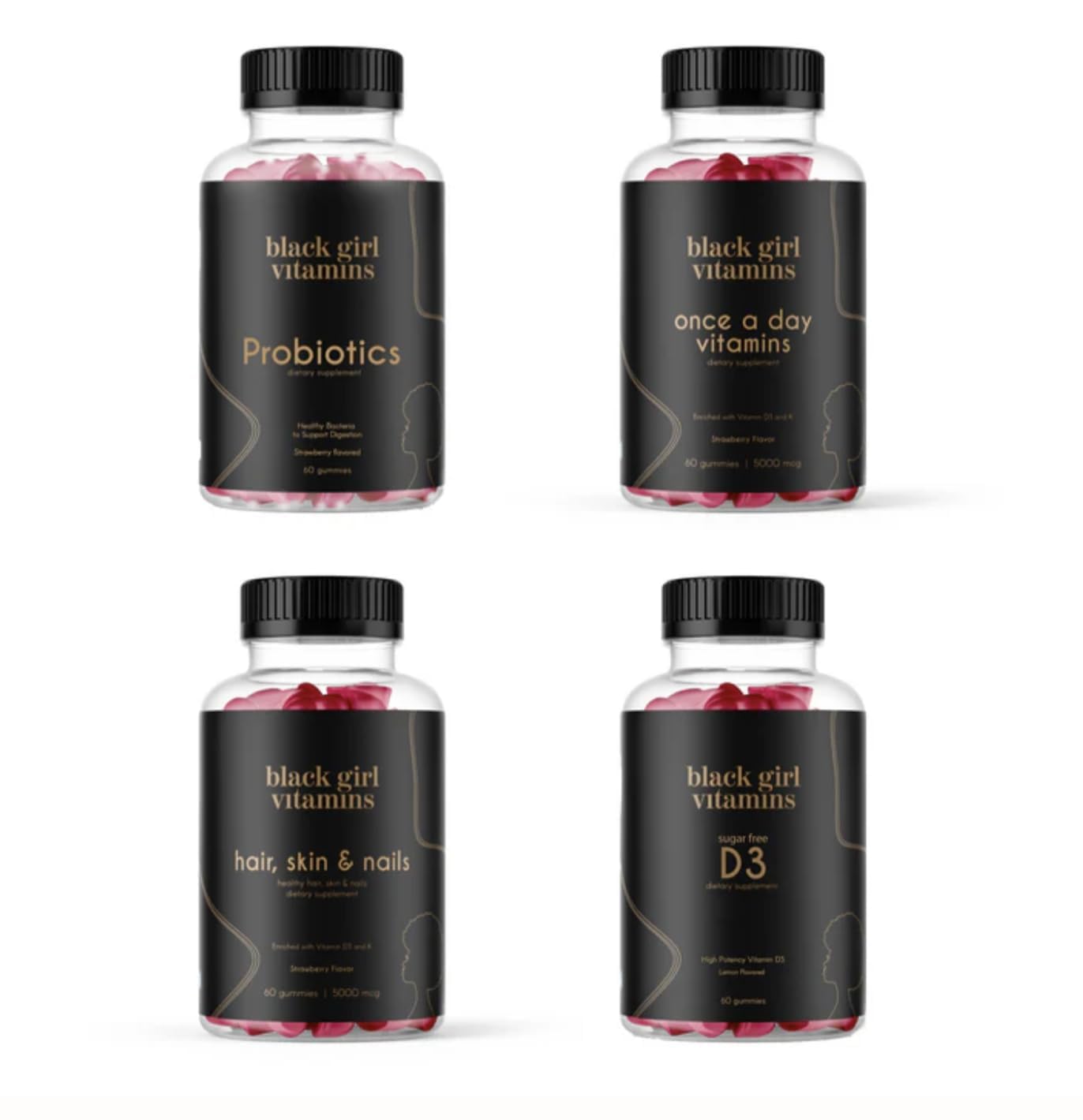 Black Girl Vitamins empaque frontal mostrando el bundle para uso diario