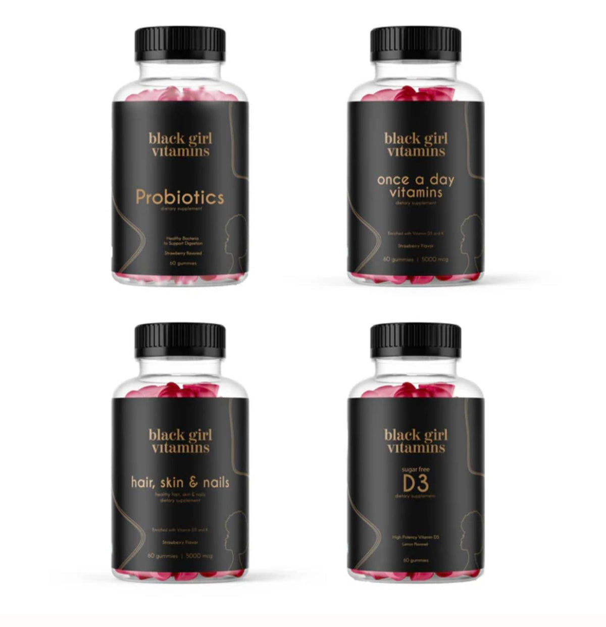 Black Girl Vitamins empaque frontal mostrando el bundle para uso diario