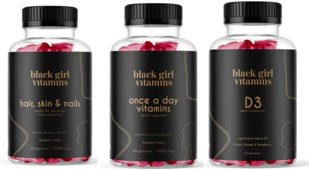 Black Girl Vitamins paquete frontal mostrando los tres productos para belleza y bienestar