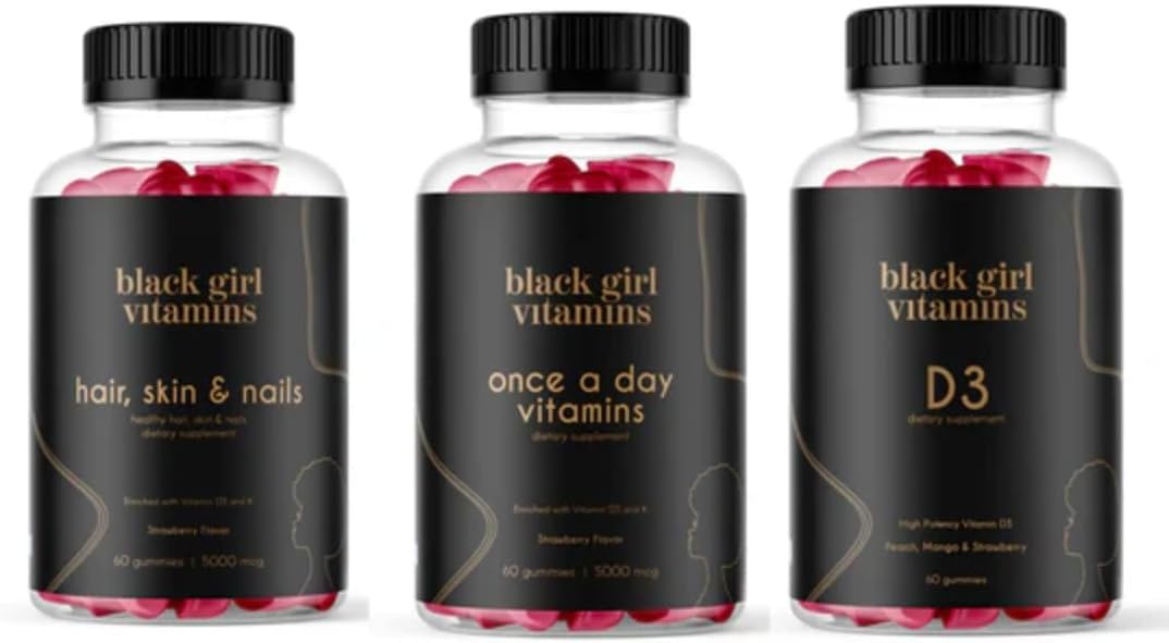 Black Girl Vitamins paquete frontal mostrando los tres productos para belleza y bienestar