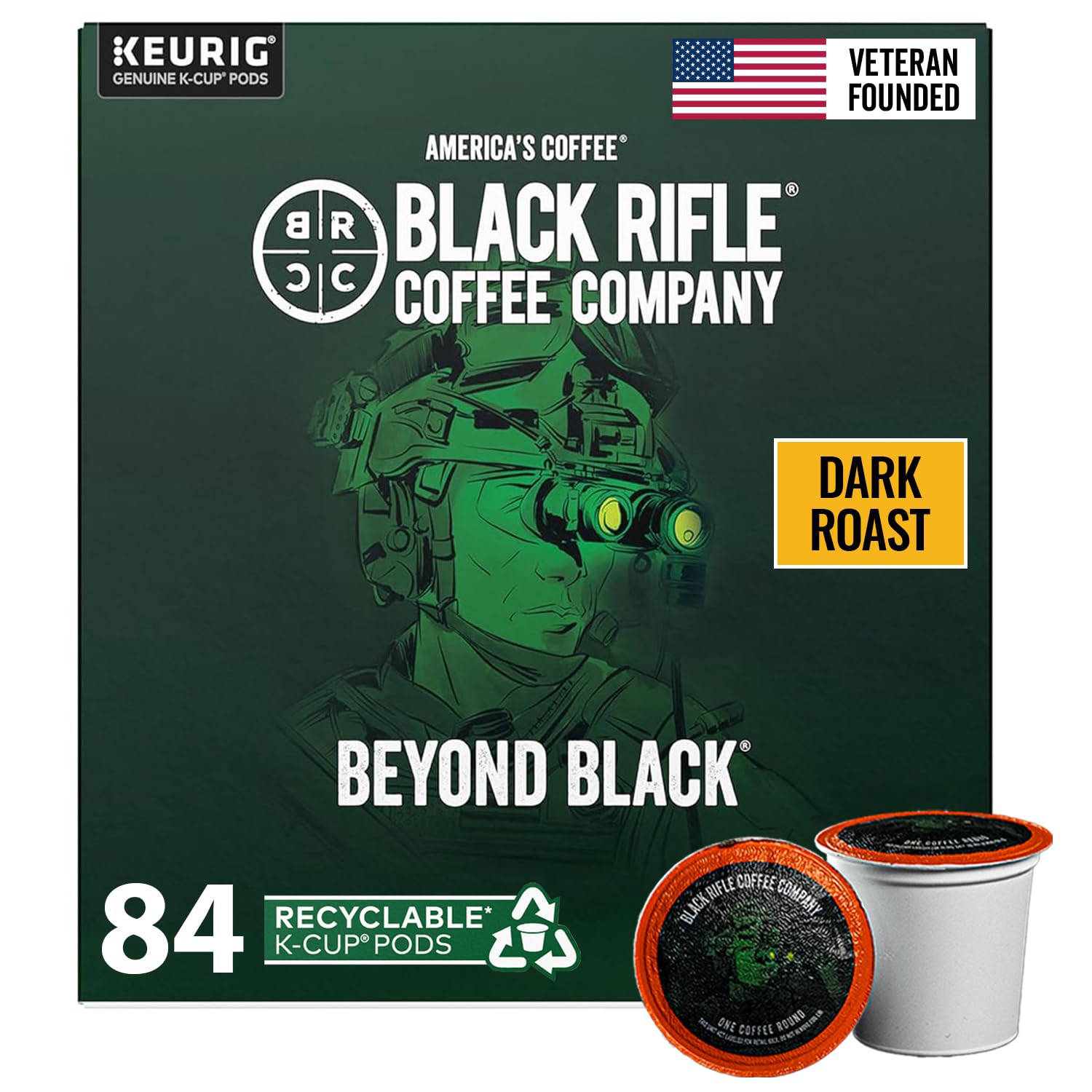Black Rifle Coffee frontal del paquete Beyond Black mostrando 84 cápsulas y marca