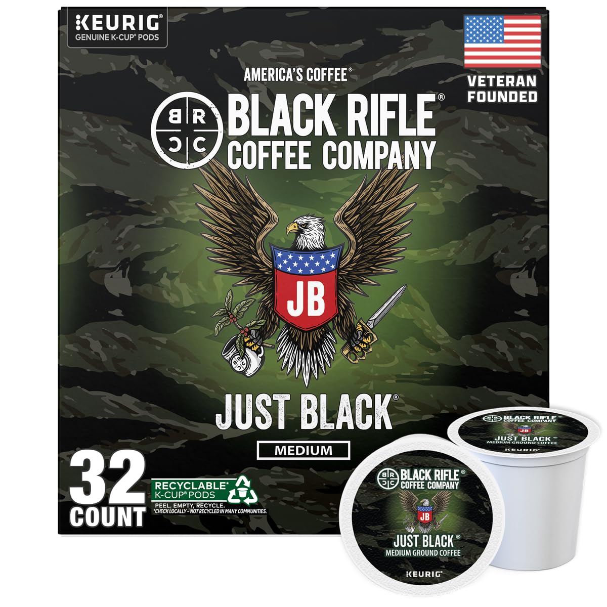 Black Rifle Coffee Company caja frontal que muestra 32 cápsulas y marca