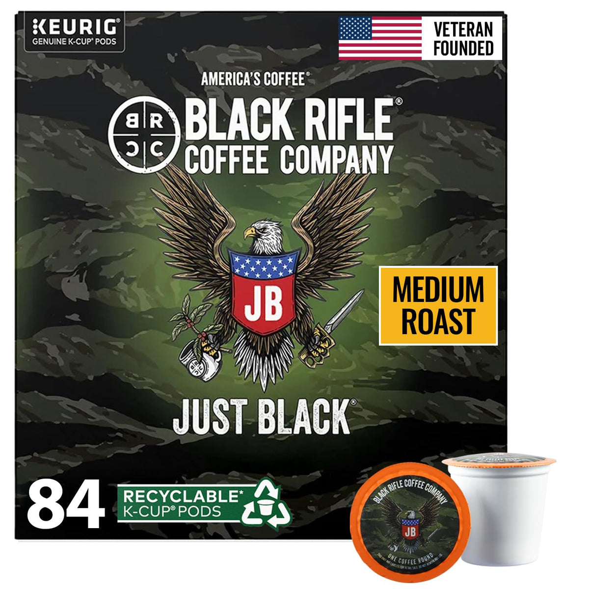 Black Rifle Coffee front packaging mostrando 84 cápsulas y conveniencia