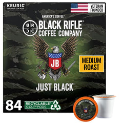 Black Rifle Coffee front packaging mostrando 84 cápsulas y conveniencia