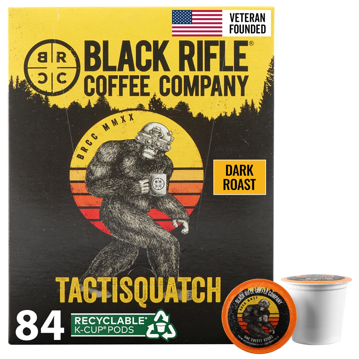 Black Rifle Coffee embalaje frontal mostrando 84 cápsulas y conveniencia