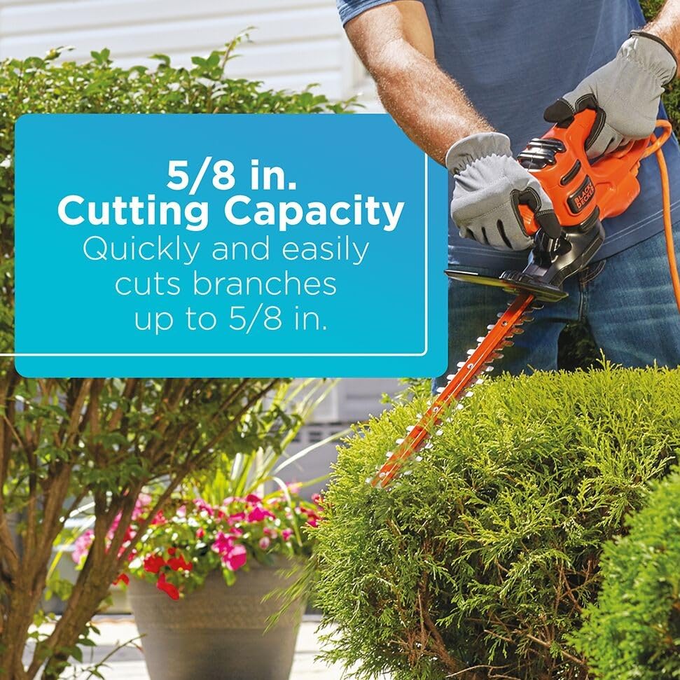 BLACK+DECKER trimmer in use shaping a hedge for quick, even results