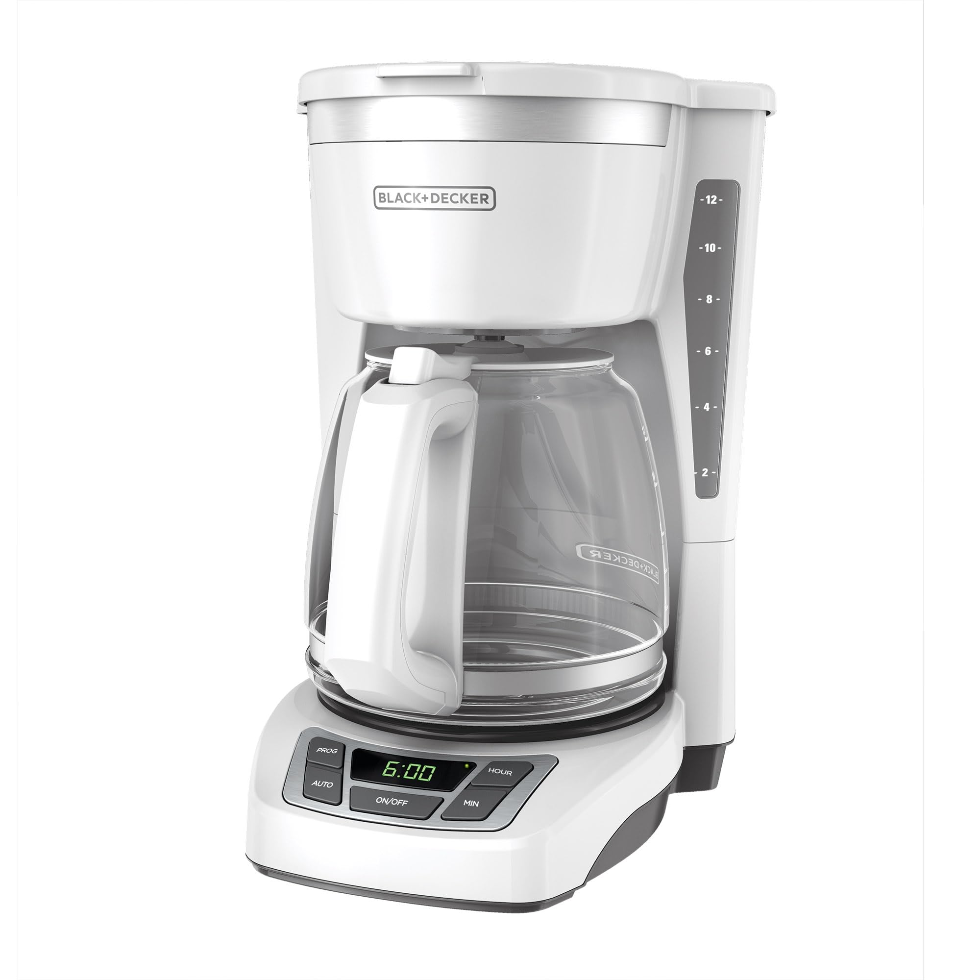 BLACK+DECKER cafetera CM1160W vista frontal con jarra grande y acabado blanco