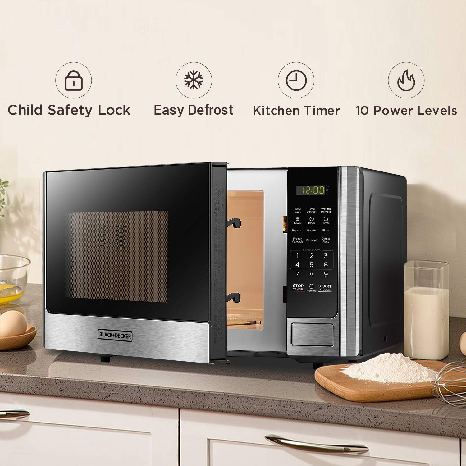 BLACK+DECKER detalle acero inoxidable en puerta, ofrece acabado profesional y durabilidad