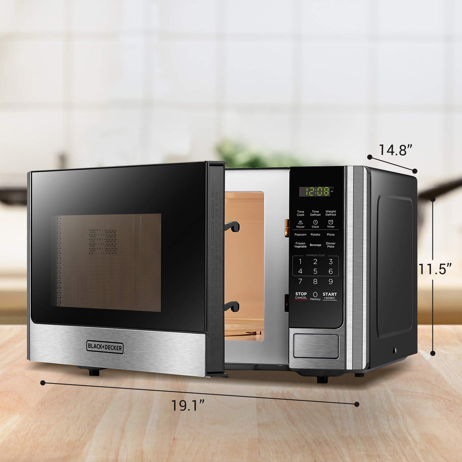 BLACK+DECKER microondas en uso recalentando plato, muestra rapidez y conveniencia