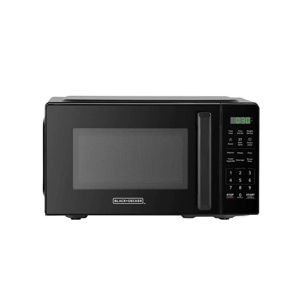 BLACK+DECKER microondas encimera frontal mostrando acabado negro y diseño compacto