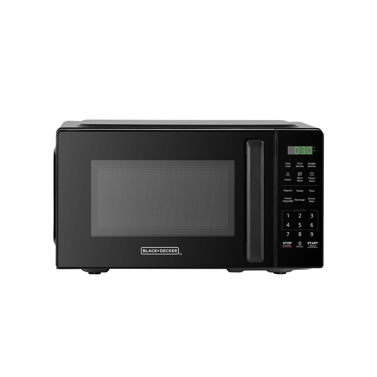 BLACK+DECKER microondas encimera frontal mostrando acabado negro y diseño compacto