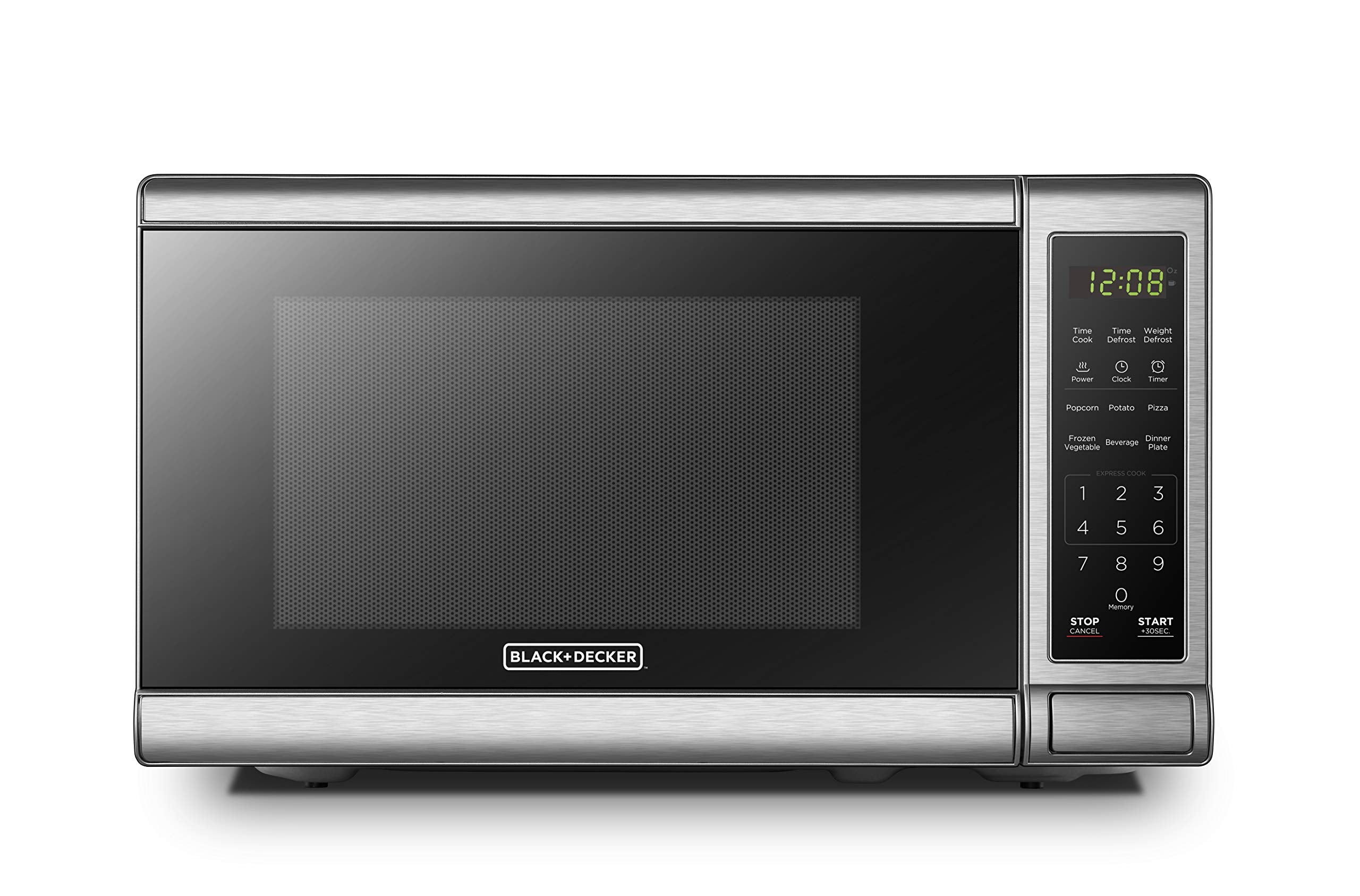 BLACK+DECKER microondas frontal acero inoxidable mostrando diseño profesional y ahorro de espacio