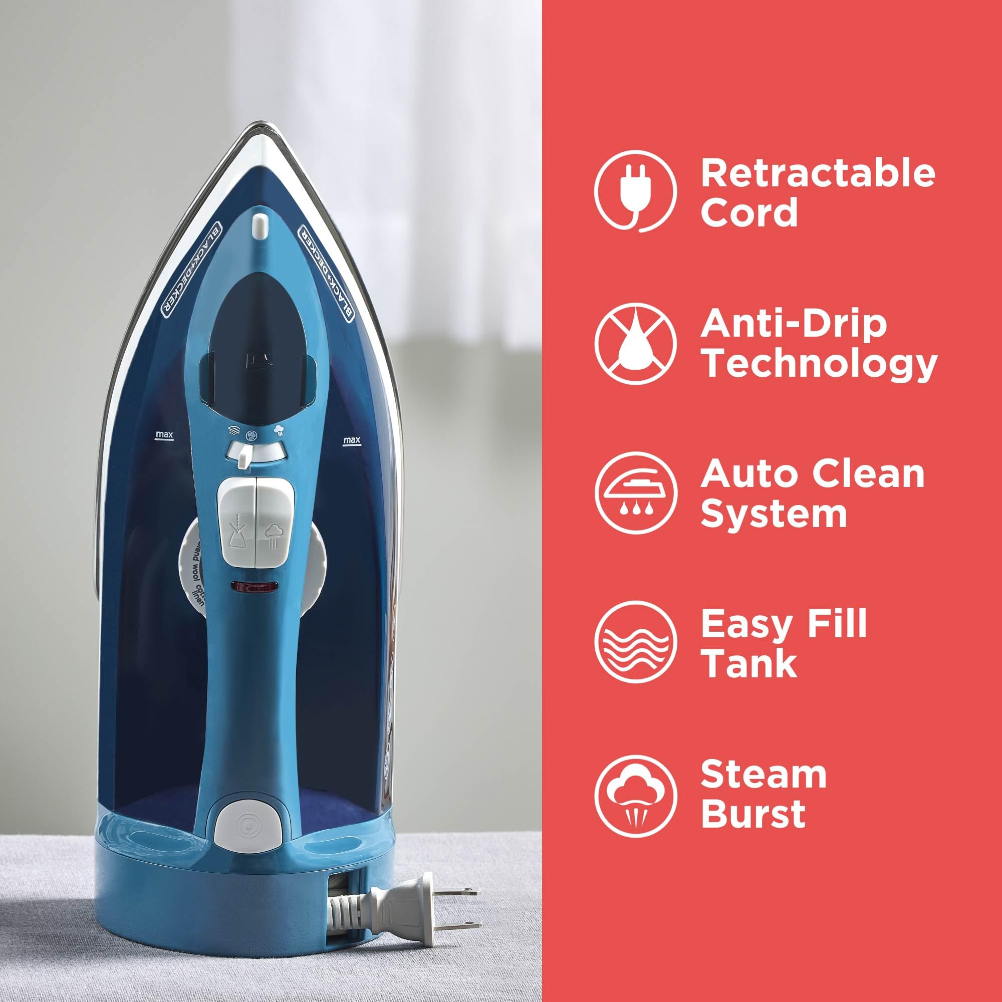 BLACK+DECKER plancha aplicando vapor vertical a una prenda colgada para refrescar ropa