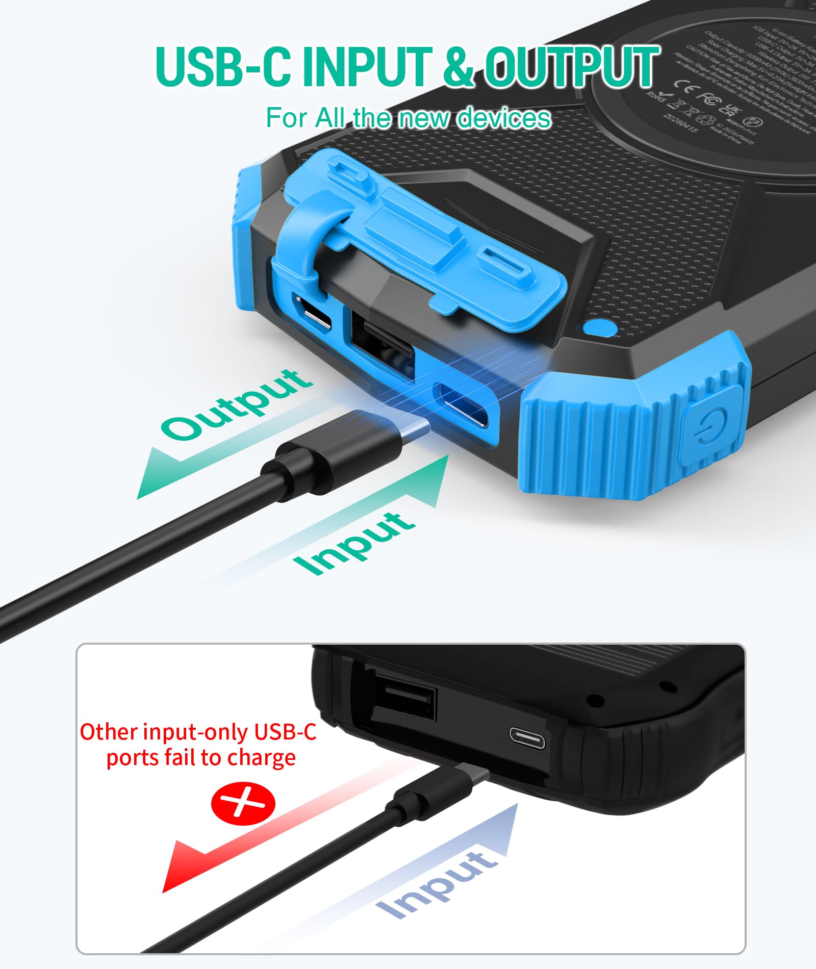 BLAVOR puertos USB-C y USB-A visibles para carga rápida y múltiples dispositivos