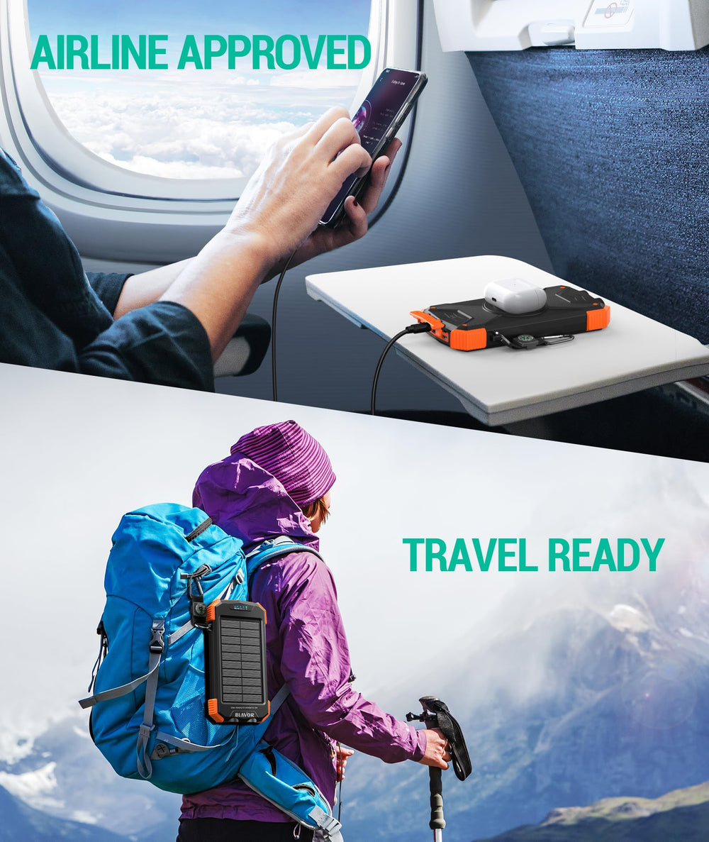 BLAVOR en escenario de camping cargando smartphone y auriculares simultáneamente