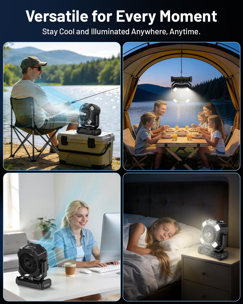 BLBS lifestyle scene at beach and campsite showing portable cooling benefit