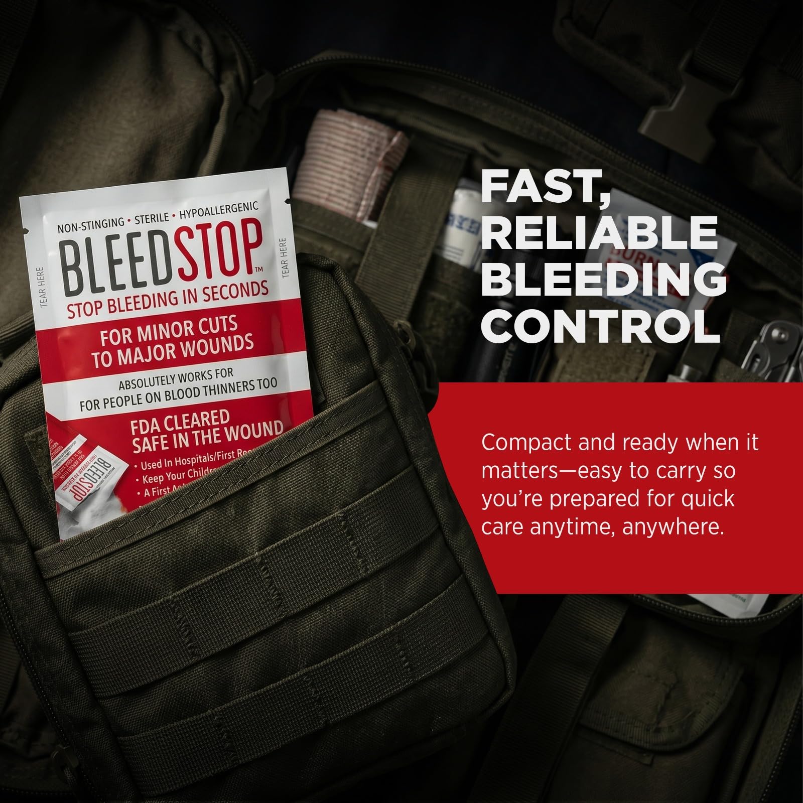 BleedStop en un botiquín de mochila para actividades al aire libre y seguridad