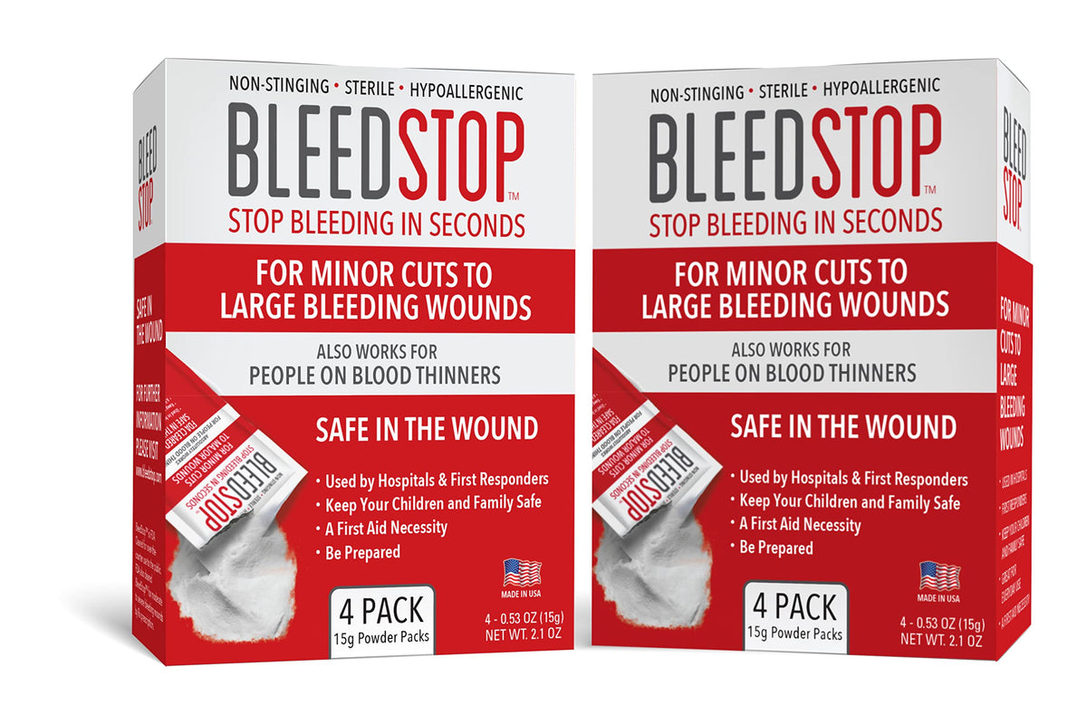 BleedStop frente del empaque mostrando el set doble y peso 15 g — identificación rápida