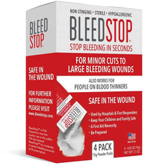 BleedStop frente del empaque mostrando cuatro pouches y etiquetado claro que facilita identificación