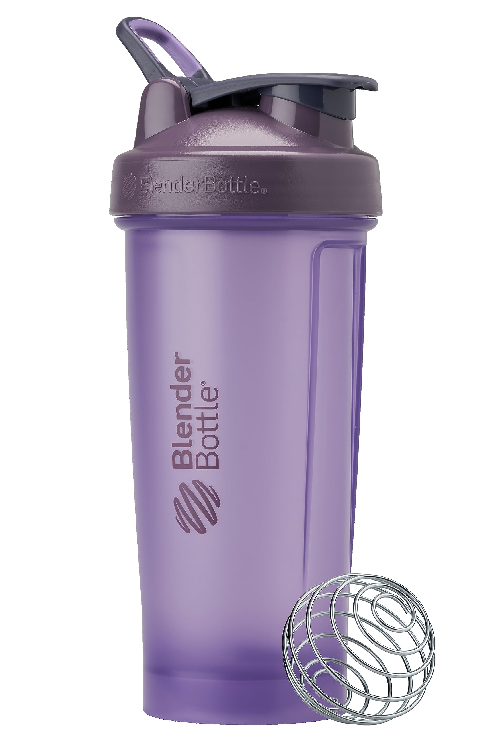 BlenderBottle vista frontal morado mostrando tapa y bucle conveniente