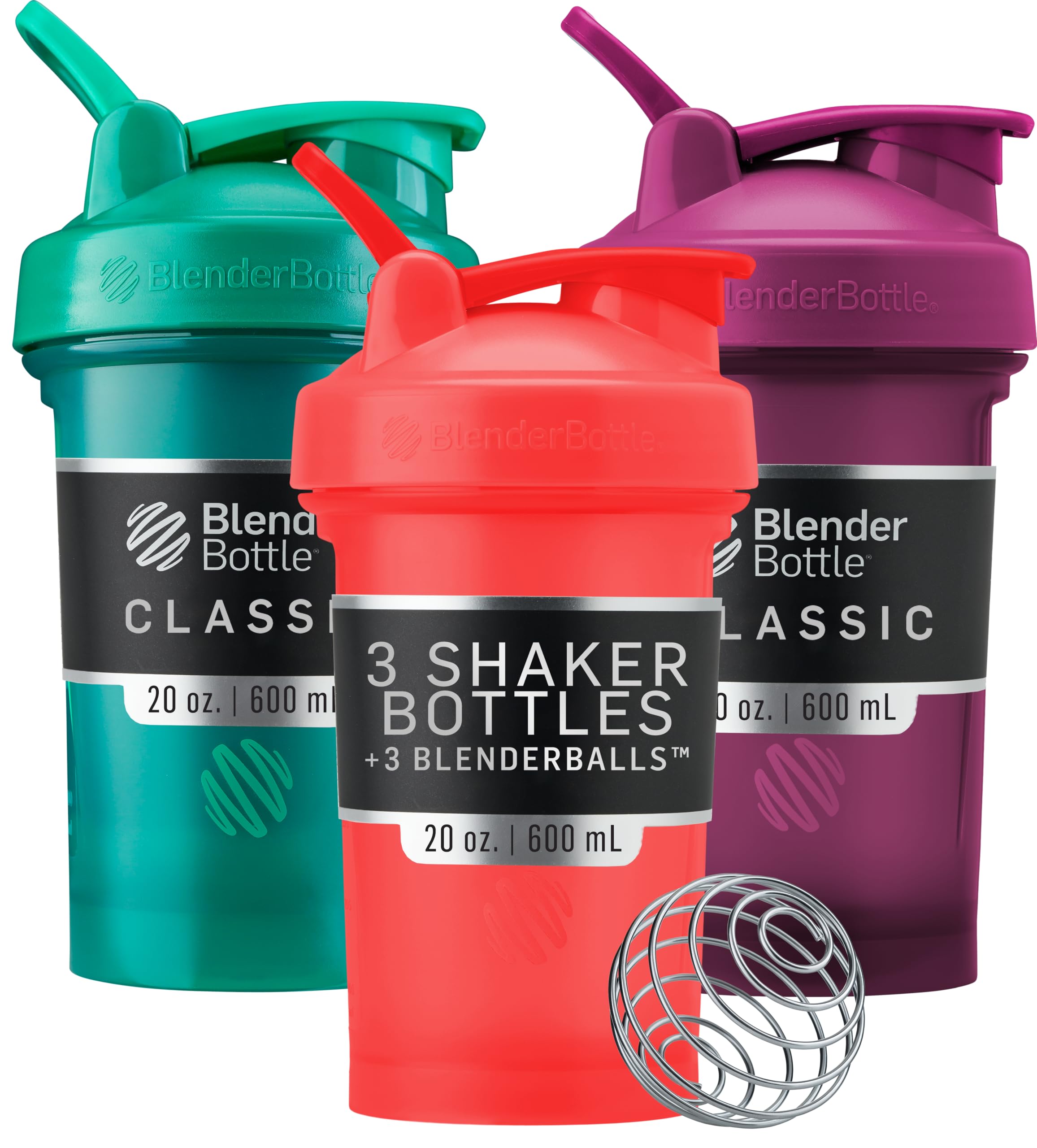 BlenderBottle frontal pack tres botellas rojo verde ciruela, visión general y beneficio portátil