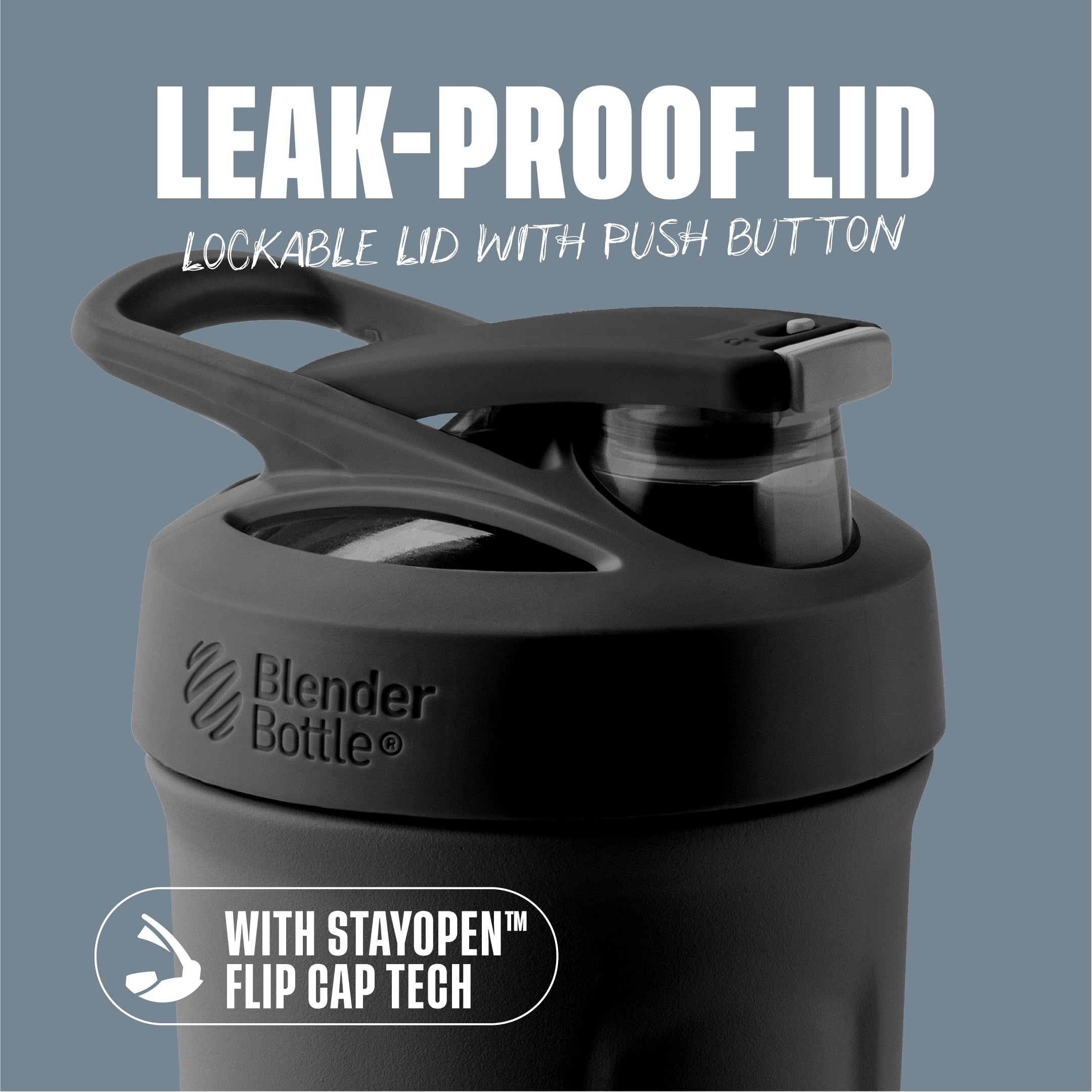 BlenderBottle primer plano de la tapa con cierre pulsable y bucle