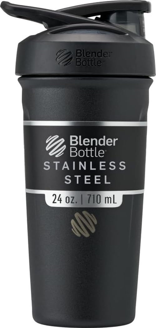 BlenderBottle frontal negro mostrando diseño elegante y capacidad
