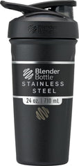 BlenderBottle frontal negro mostrando diseño elegante y capacidad