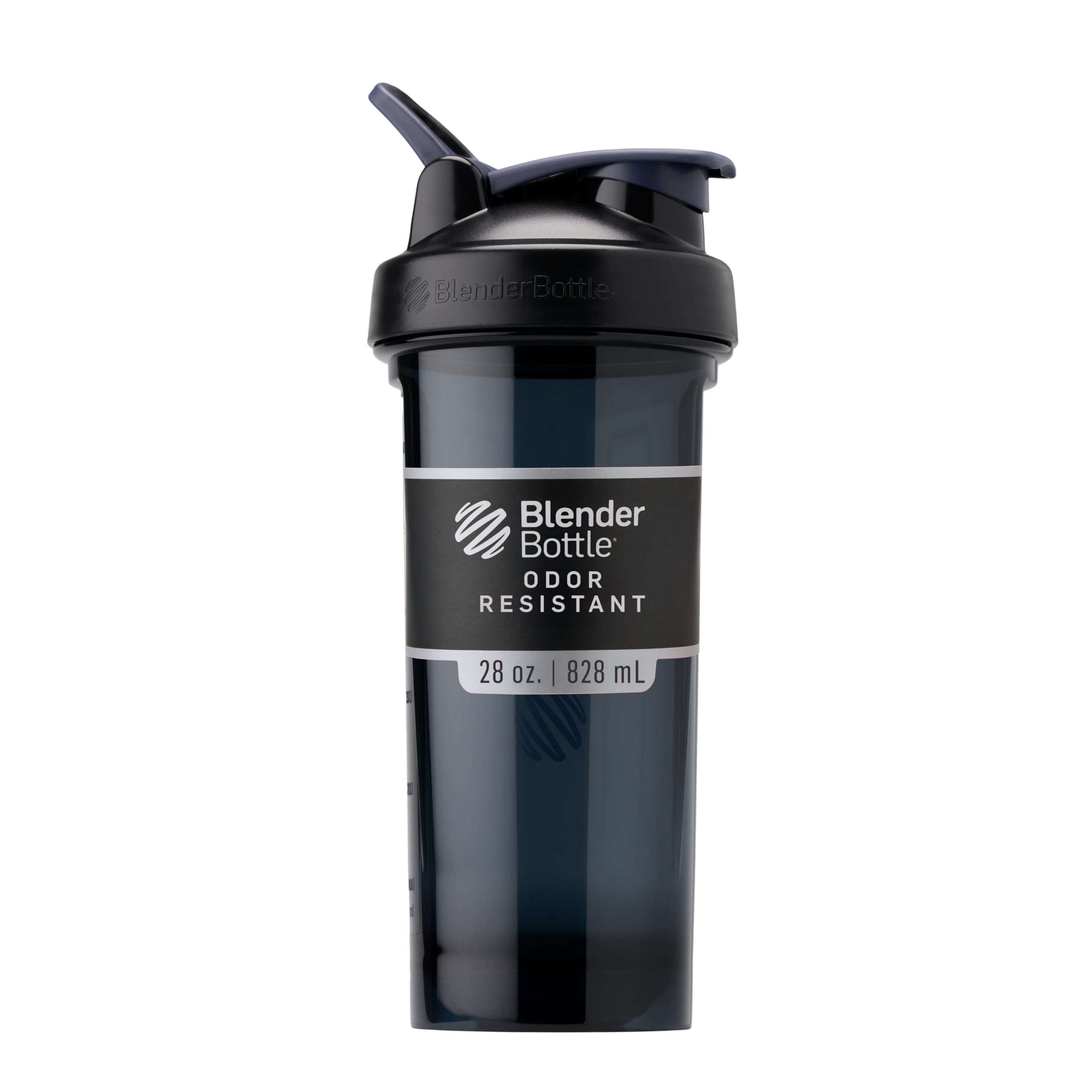 BlenderBottle ProSeries frontal negro mostrando diseño y capacidad, fácil de llevar