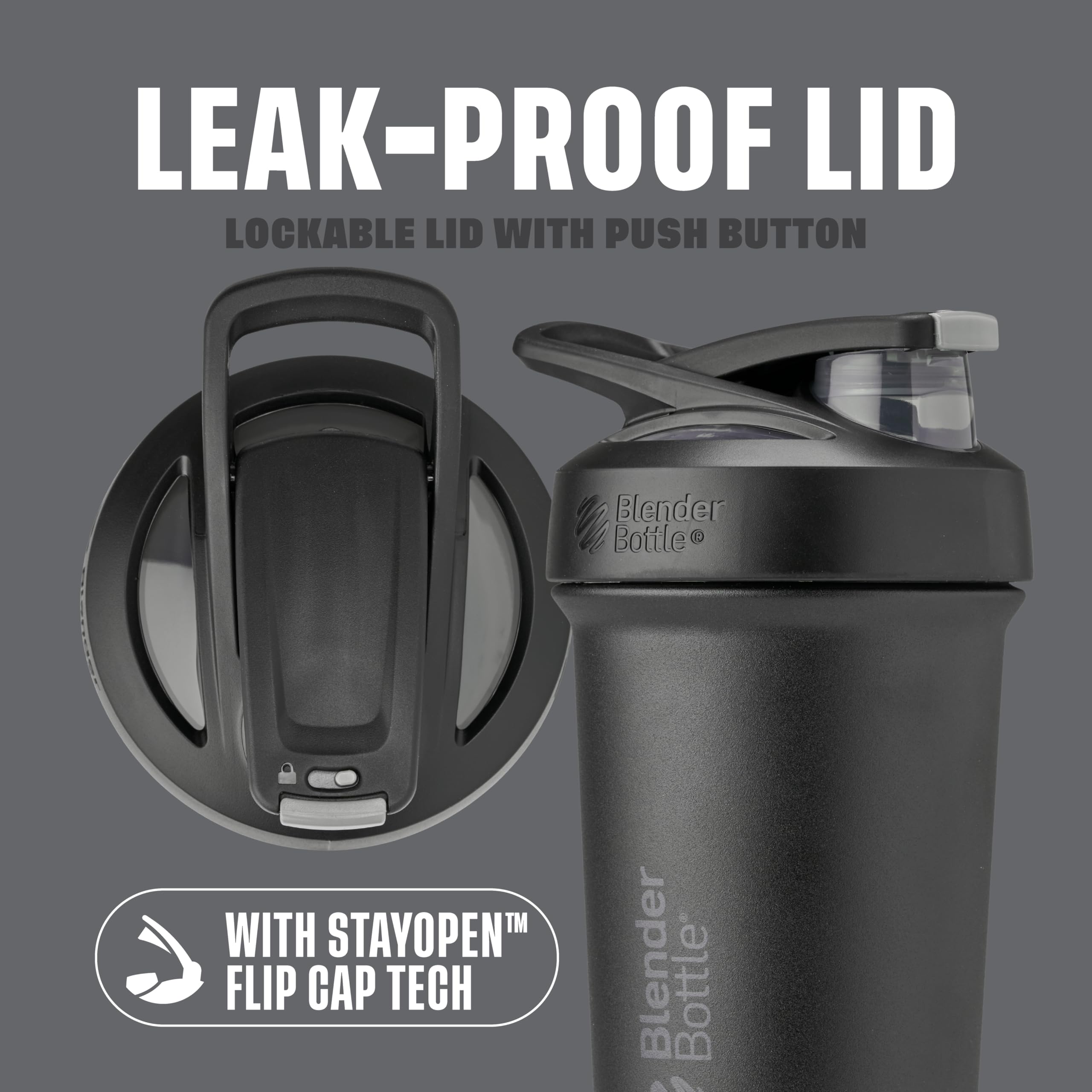 BlenderBottle Strada Sleek detalle de la tapa con cierre abatible y bloqueo seguro