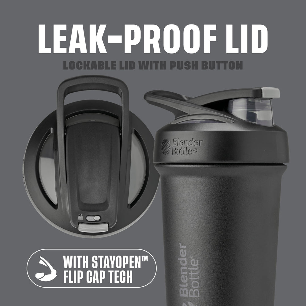BlenderBottle Strada Sleek detalle de la tapa con cierre abatible y bloqueo seguro