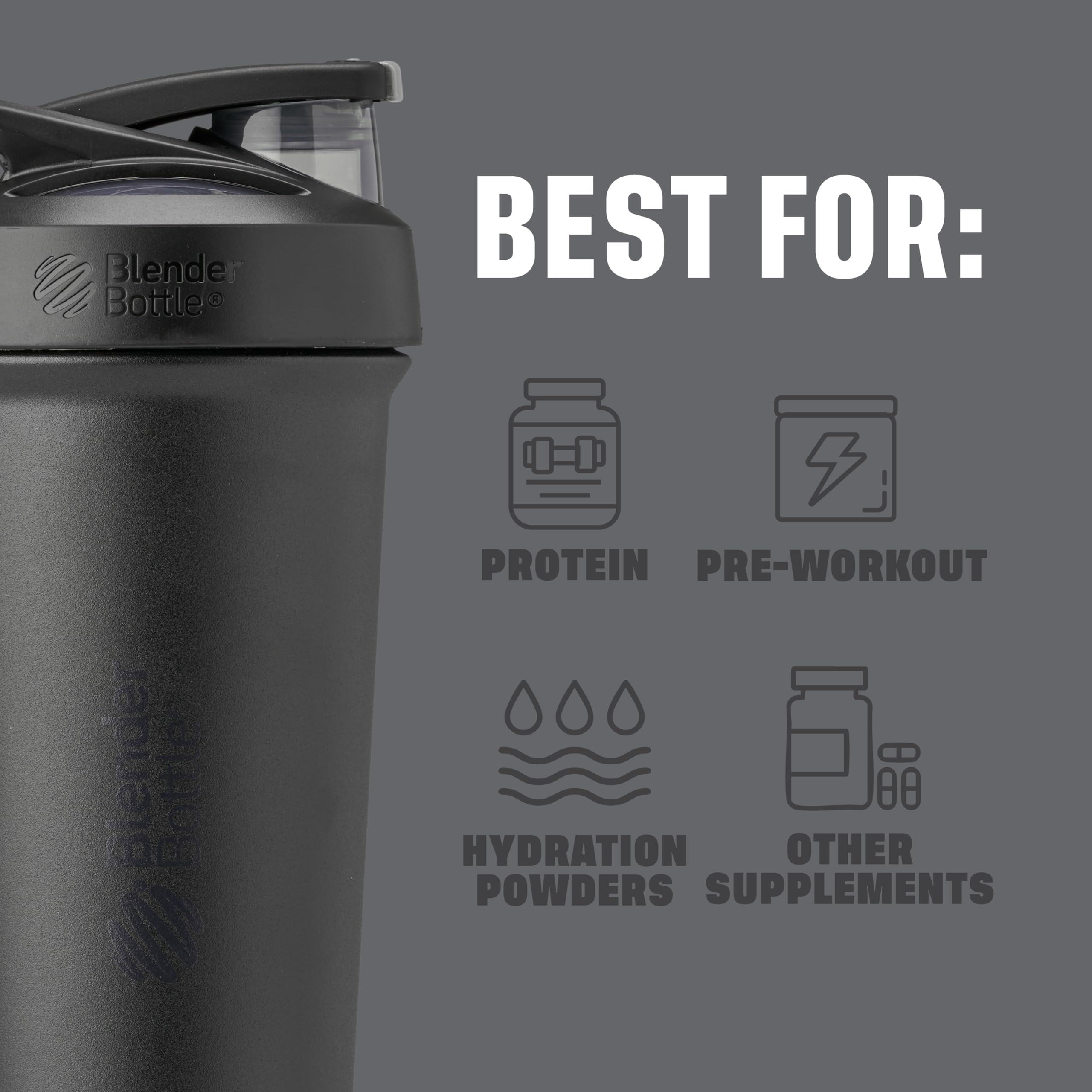 BlenderBottle Strada Sleek en uso durante entrenamiento, mezcla sin salpicaduras