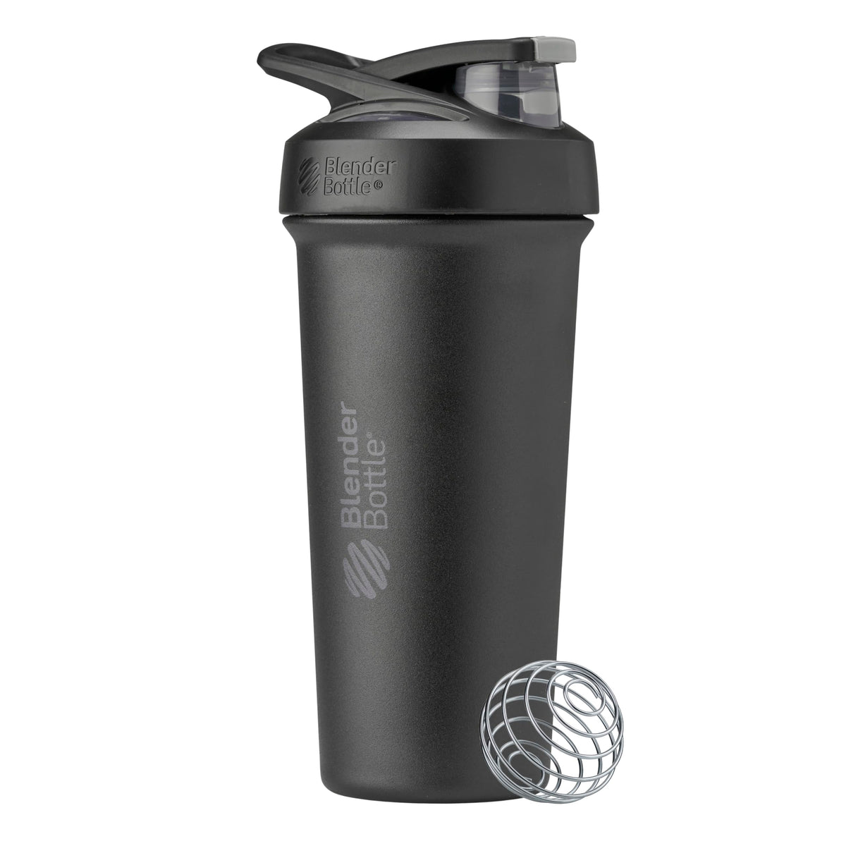 BlenderBottle Strada Sleek vista frontal en negro, diseño ergonómico y elegante