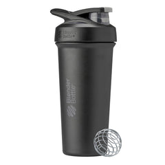 BlenderBottle Strada Sleek vista frontal en negro, diseño ergonómico y elegante