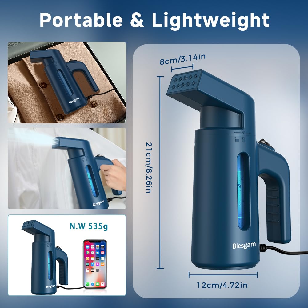 Blesgam tanque de 180 ml visible y marcado ayuda a vaporizar varias prendas