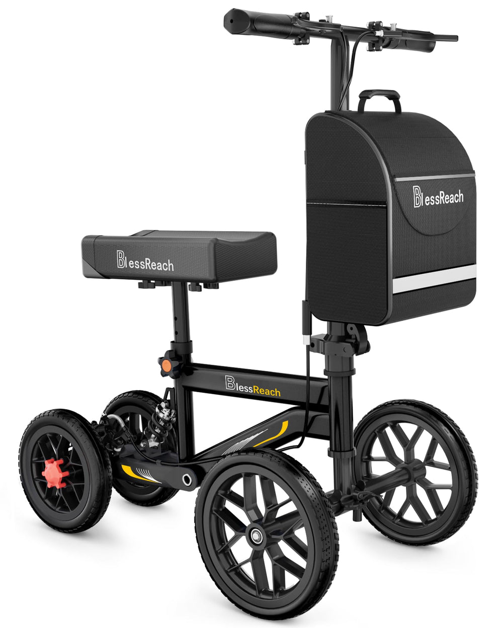 BlessReach scooter de rodilla frontal mostrando estabilidad y maniobrabilidad