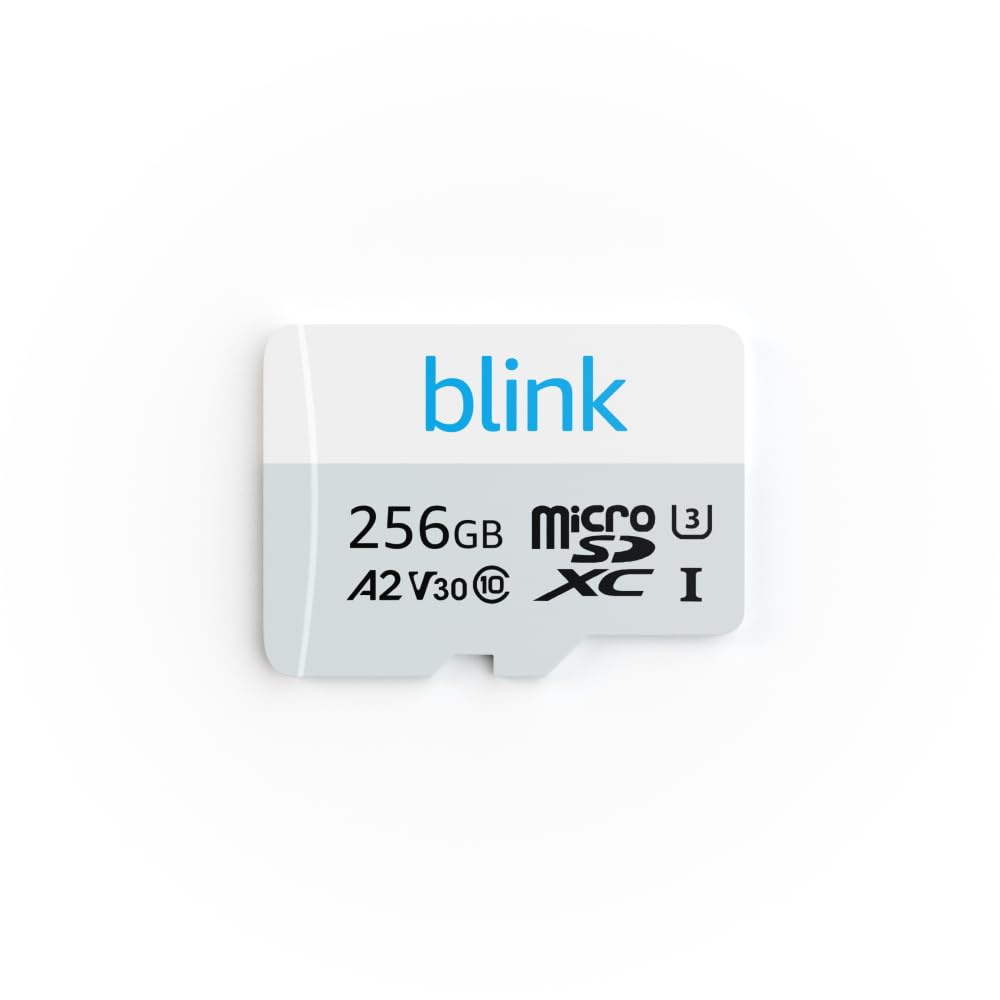 Blink tarjeta MicroSD frontal del paquete mostrando 256 GB y beneficio de almacenamiento local