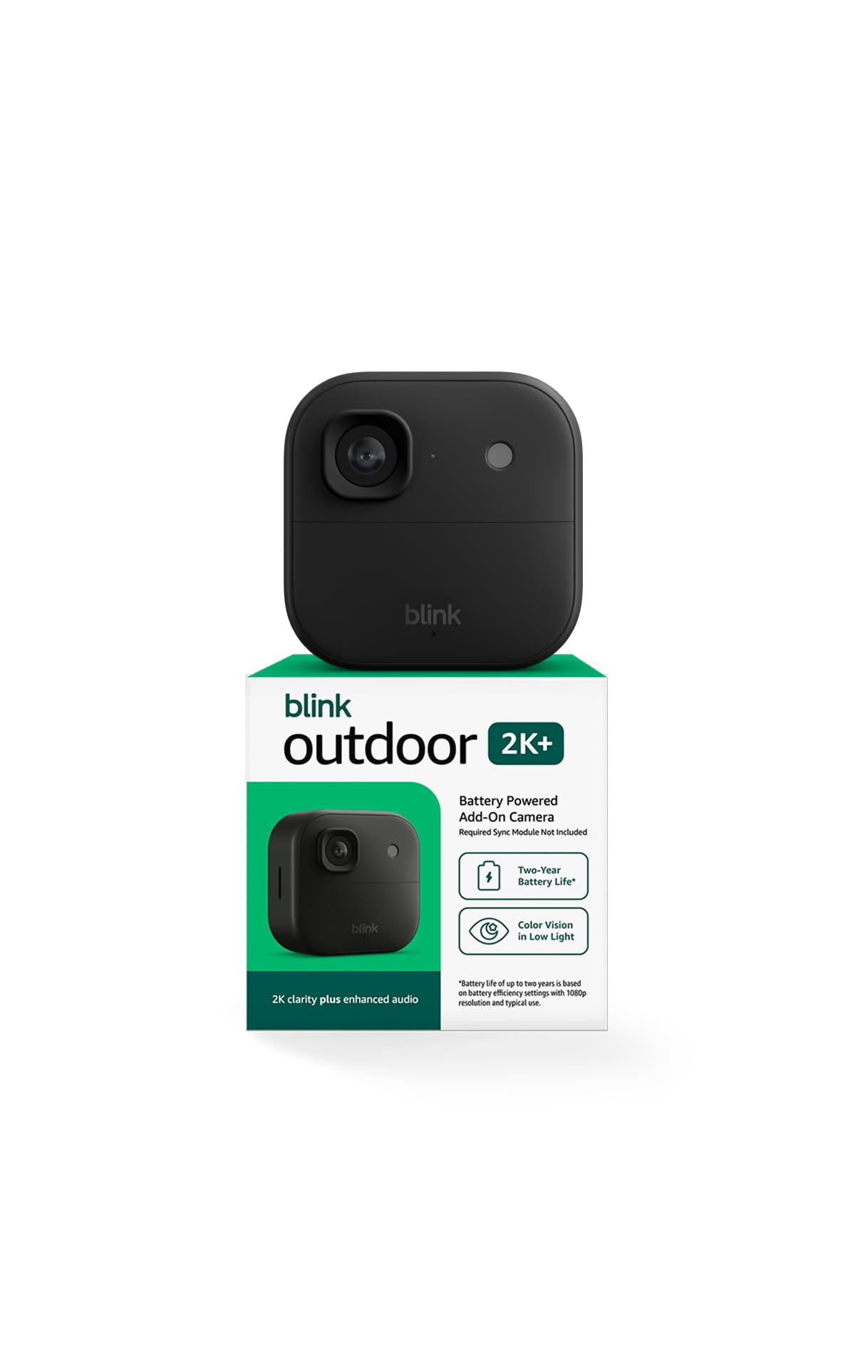 Blink cámara exterior 2K+ frontal mostrando diseño resistente y visibilidad mejorada