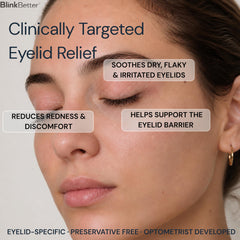 BlinkBetter aplicación con dedos de BetterLids Restore en párpado, alivio y comodidad inmediata