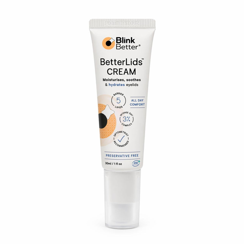 BlinkBetter envase frontal de BetterLids Restore mostrando tamaño y etiquetado, hidratación práctica