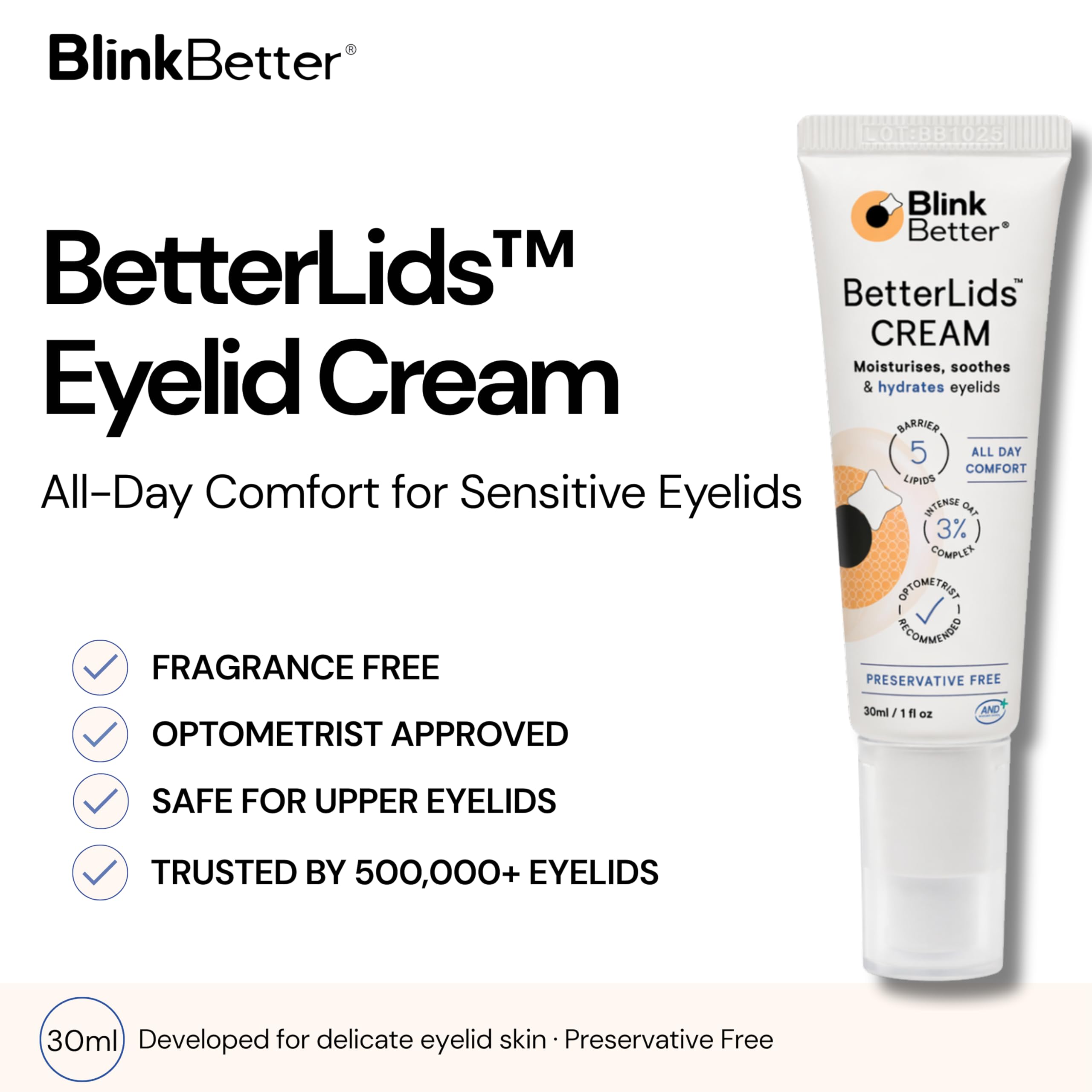 BlinkBetter detalle de la textura cremosa de BetterLids Restore, absorción rápida y ligera