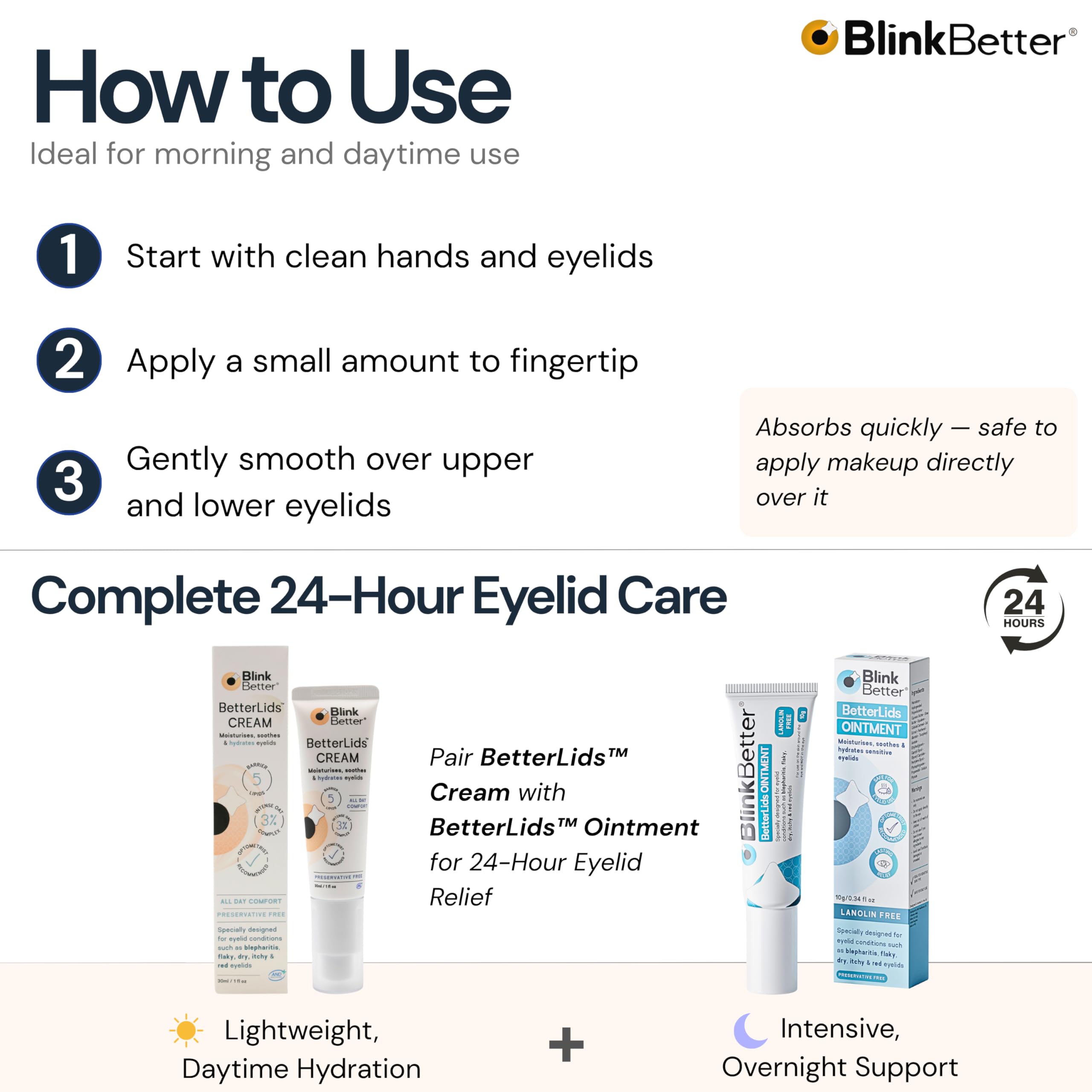 BlinkBetter frasco de BetterLids Restore junto a una rutina nocturna, hidratación para la noche
