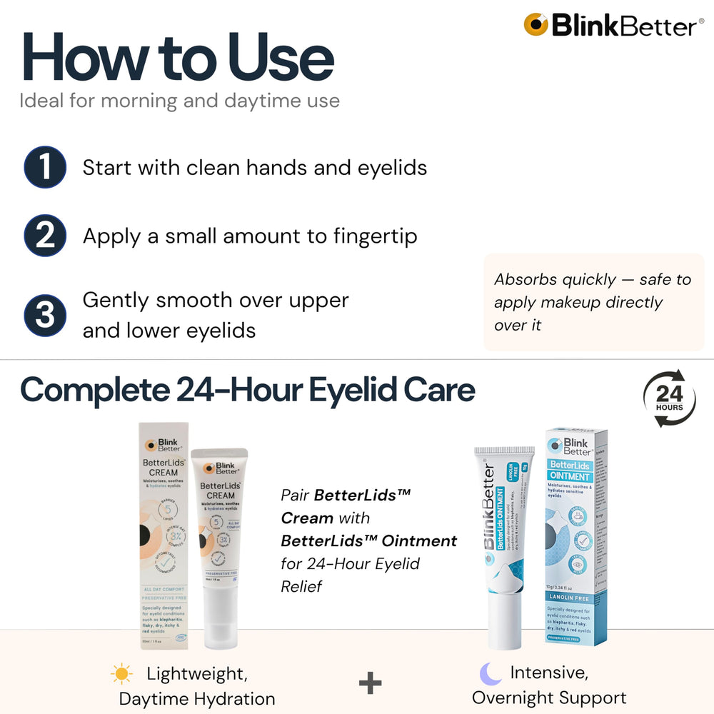 BlinkBetter frasco de BetterLids Restore junto a una rutina nocturna, hidratación para la noche