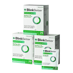 BlinkBetter empaque frontal mostrando pack de 3 y 60 toallitas, conveniencia diaria